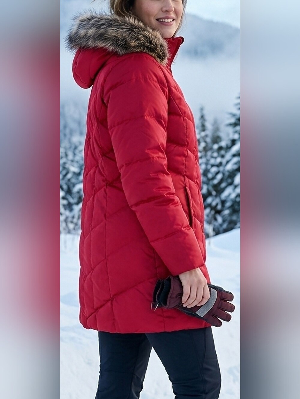 Lands' End Red 80% Down Quilted Hooded Puffer Coat with Faux Fur Trim Medium